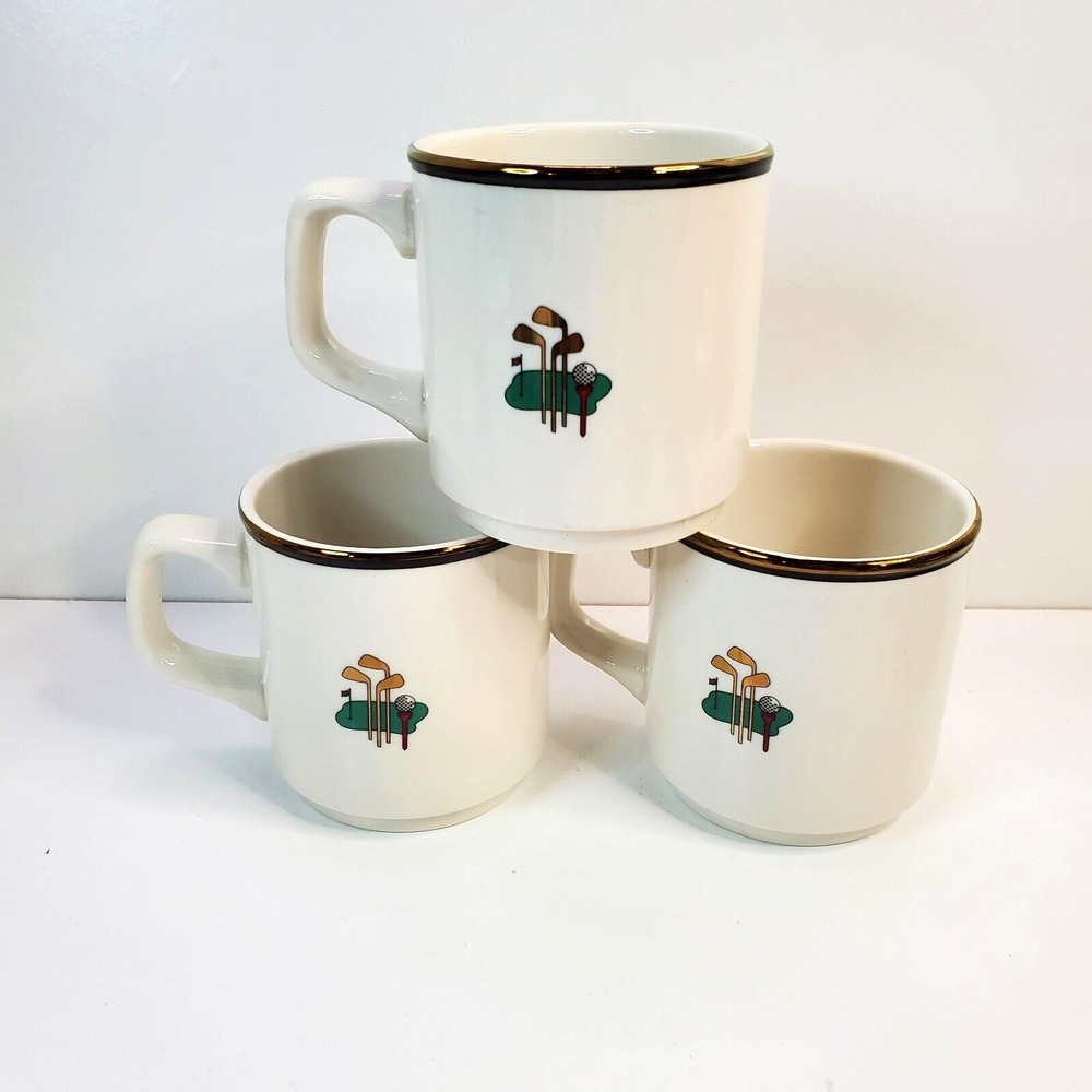 3 Homer Laughlin Seville U.S.A. Stackable Golf Country Club Coffee Tea Cups Mugs
